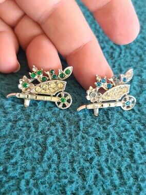 Vintage Crystal Floral Cartwheel Brooch Pair in Green and Blue